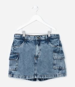 Short Saia Infantil Jeans com Bolsos Cargo - Tam 5 a 14 Anos