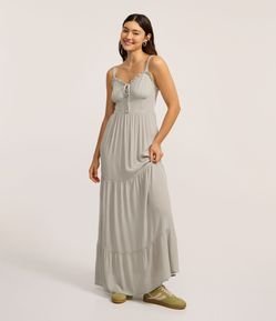 Vestido Longo em Viscose com Amarração no Decote Coração