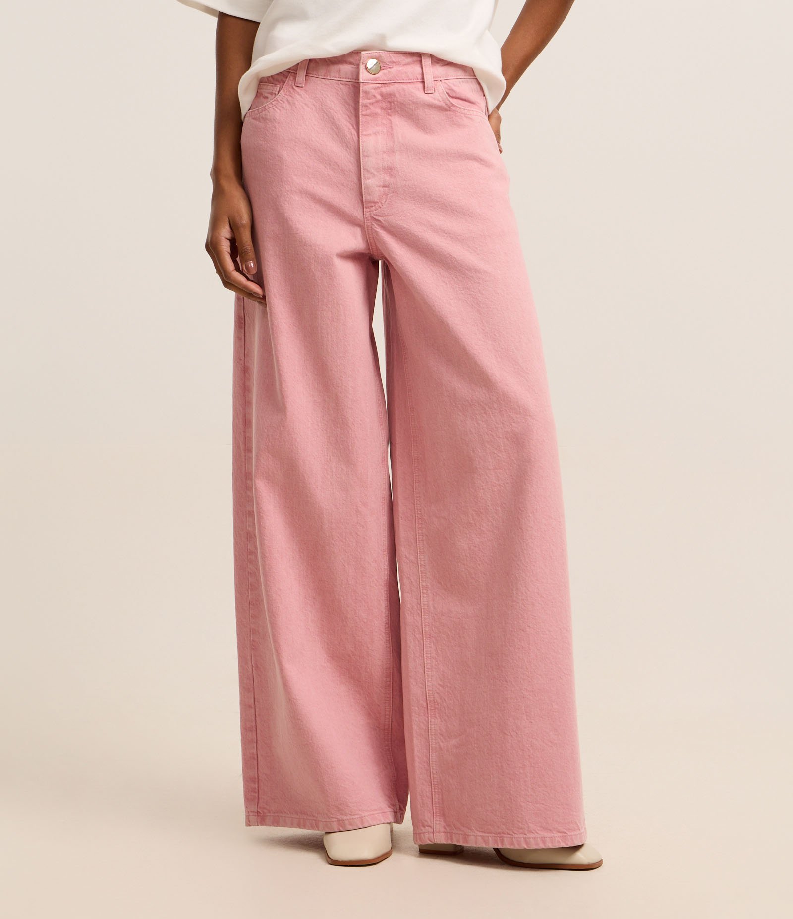 Calça Baggy em Jeans com Cintura Média Rosa 3
