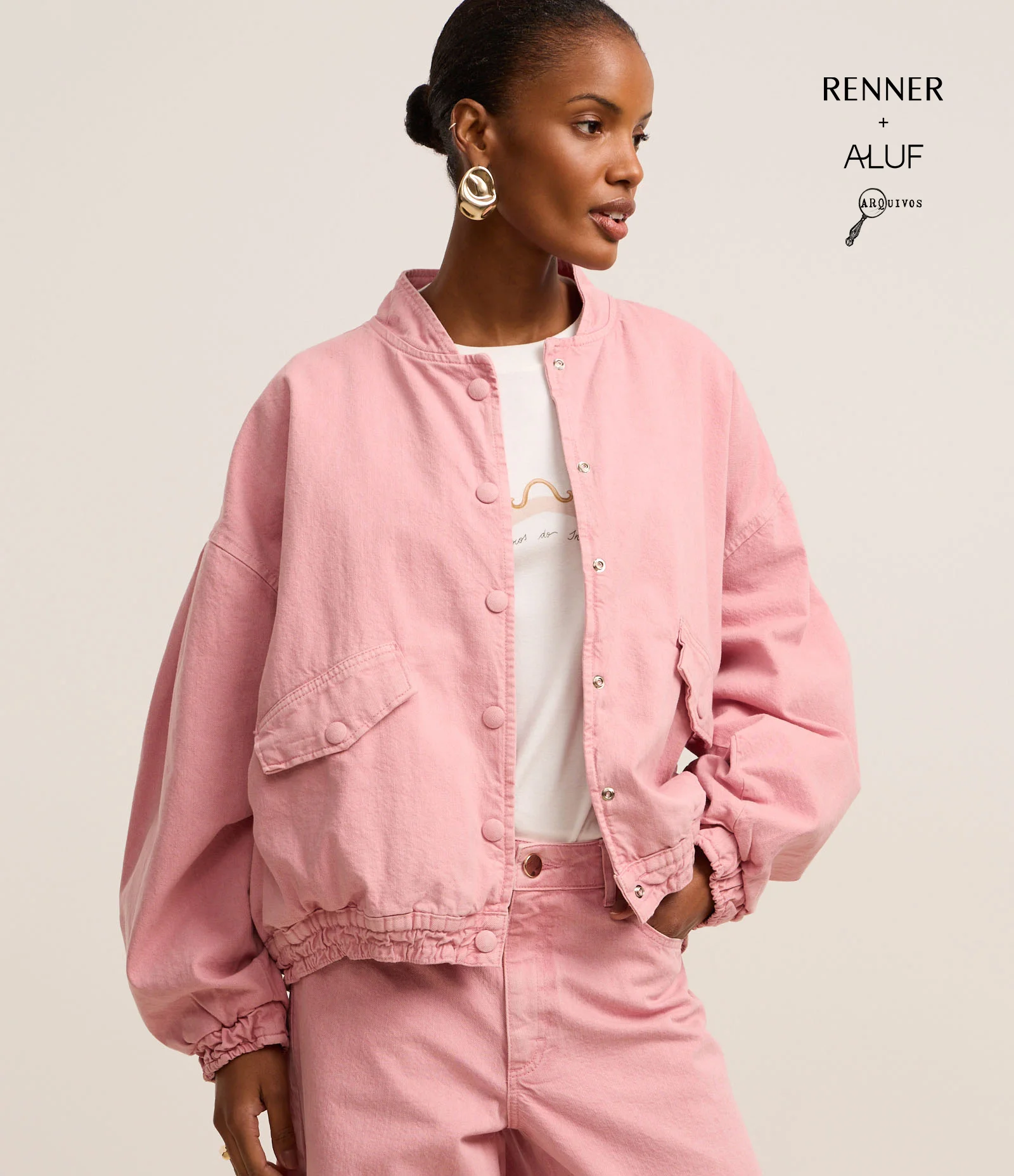 Jaqueta Bomber em Sarja com Botões e Lapelas Rosa 1