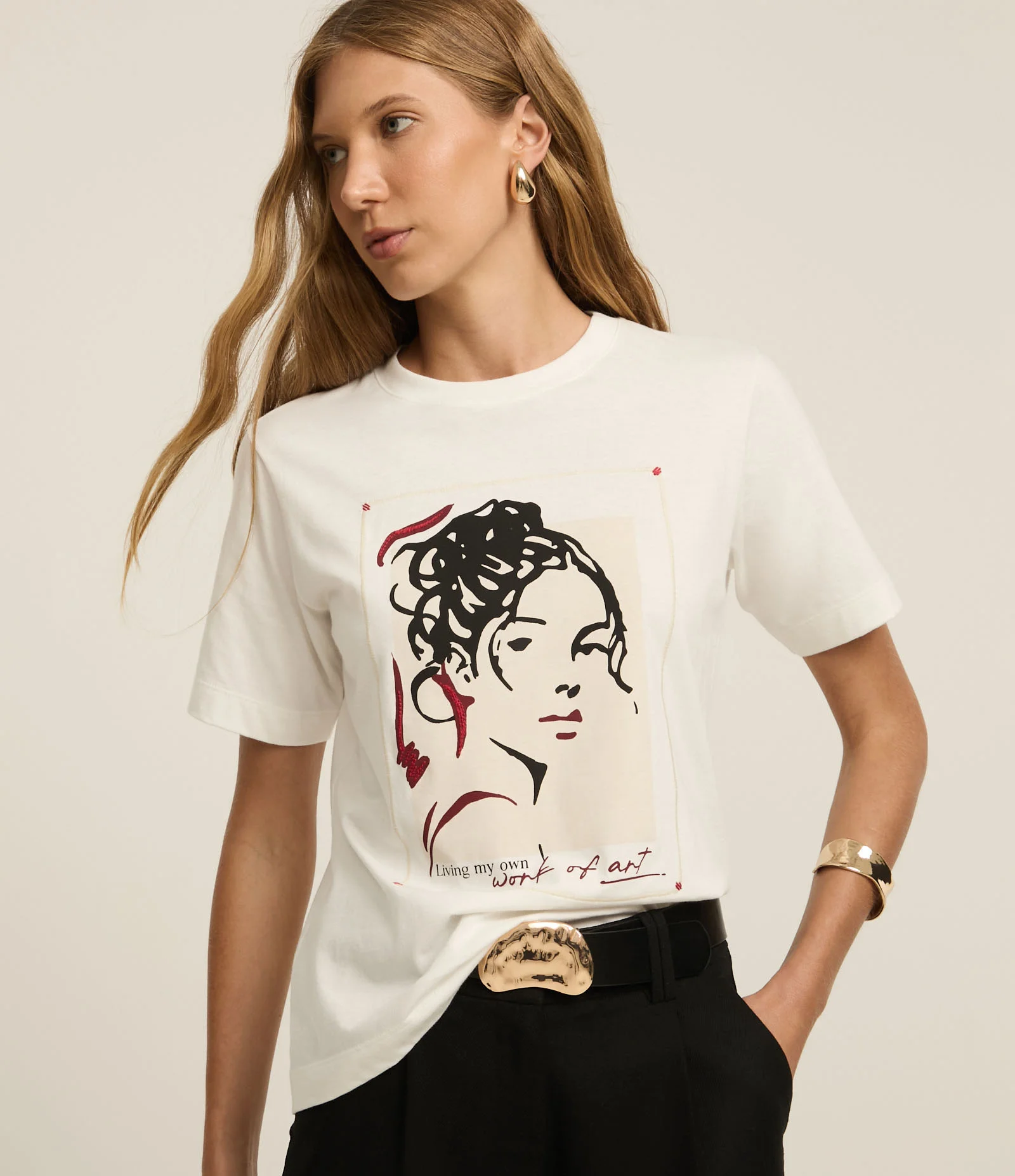 Blusa Slim em Algodão com Estampa Artística Retrato Rabiscado Branco 1