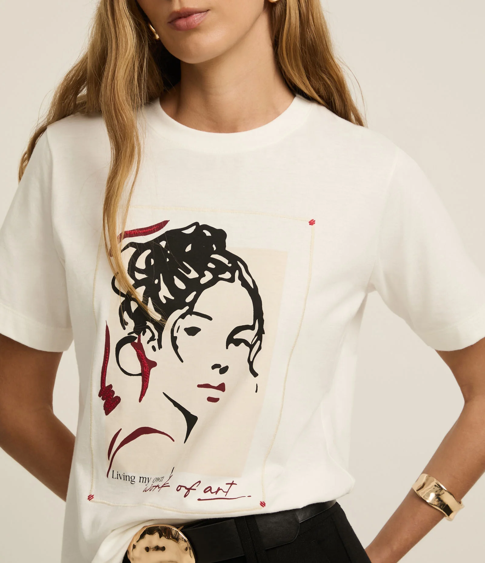 Blusa Slim em Algodão com Estampa Artística Retrato Rabiscado Branco 3