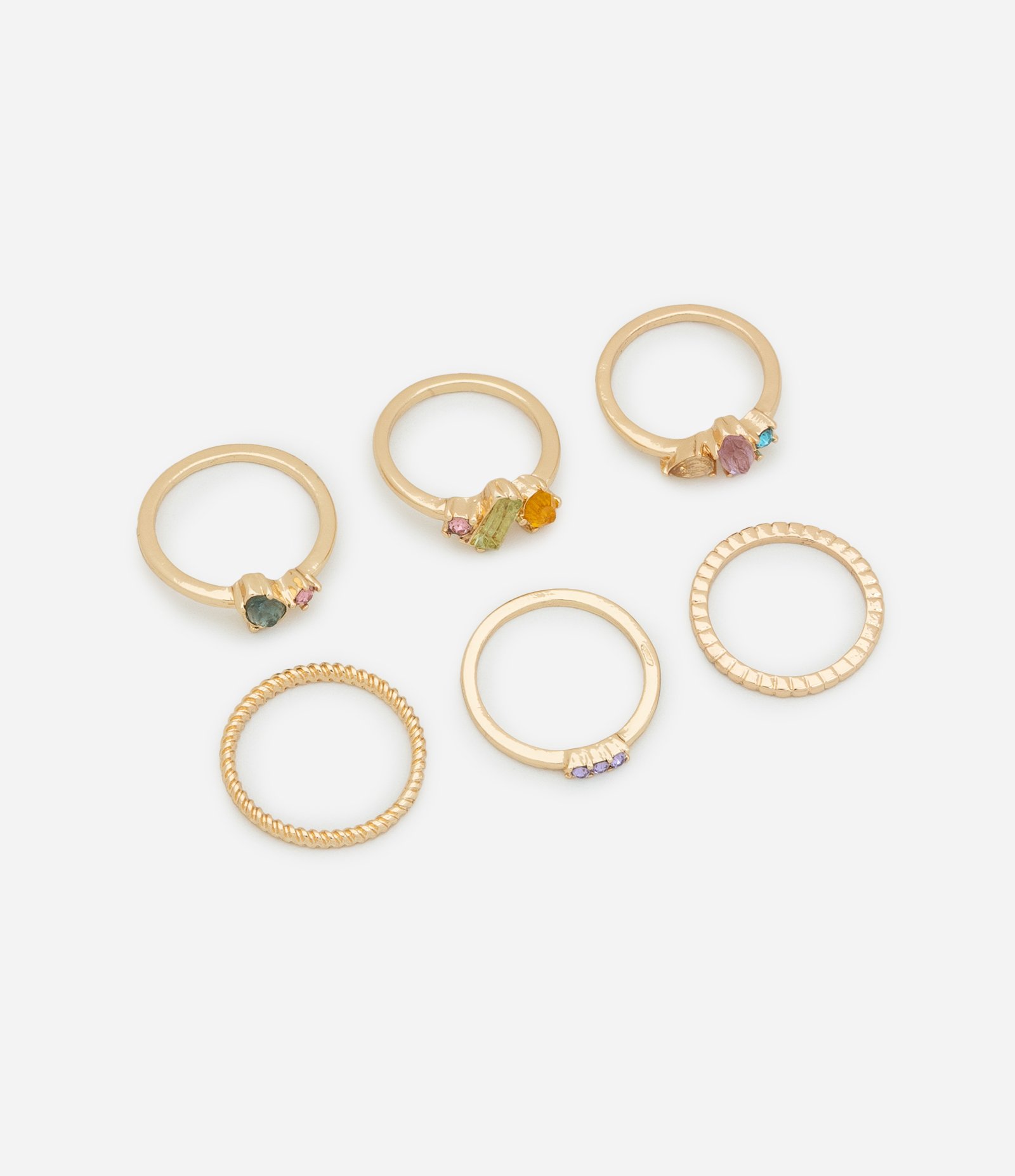 Kit 06 Anéis em Metal com Textura e Pedras Dourado 1