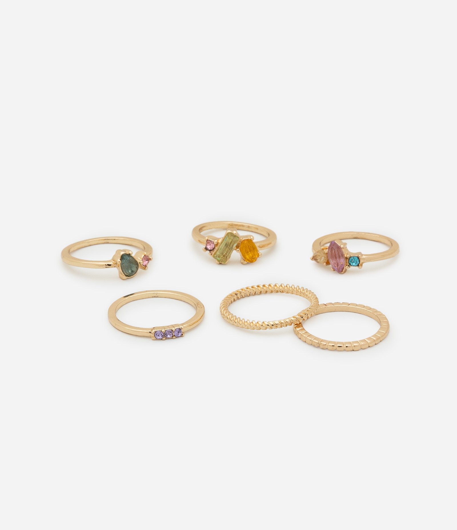 Kit 06 Anéis em Metal com Textura e Pedras Dourado 2