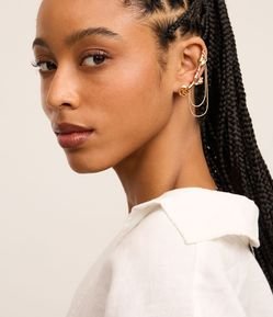 Brinco Ear Cuff Assimétrico com Correntes e Brinco Pequeno Flor