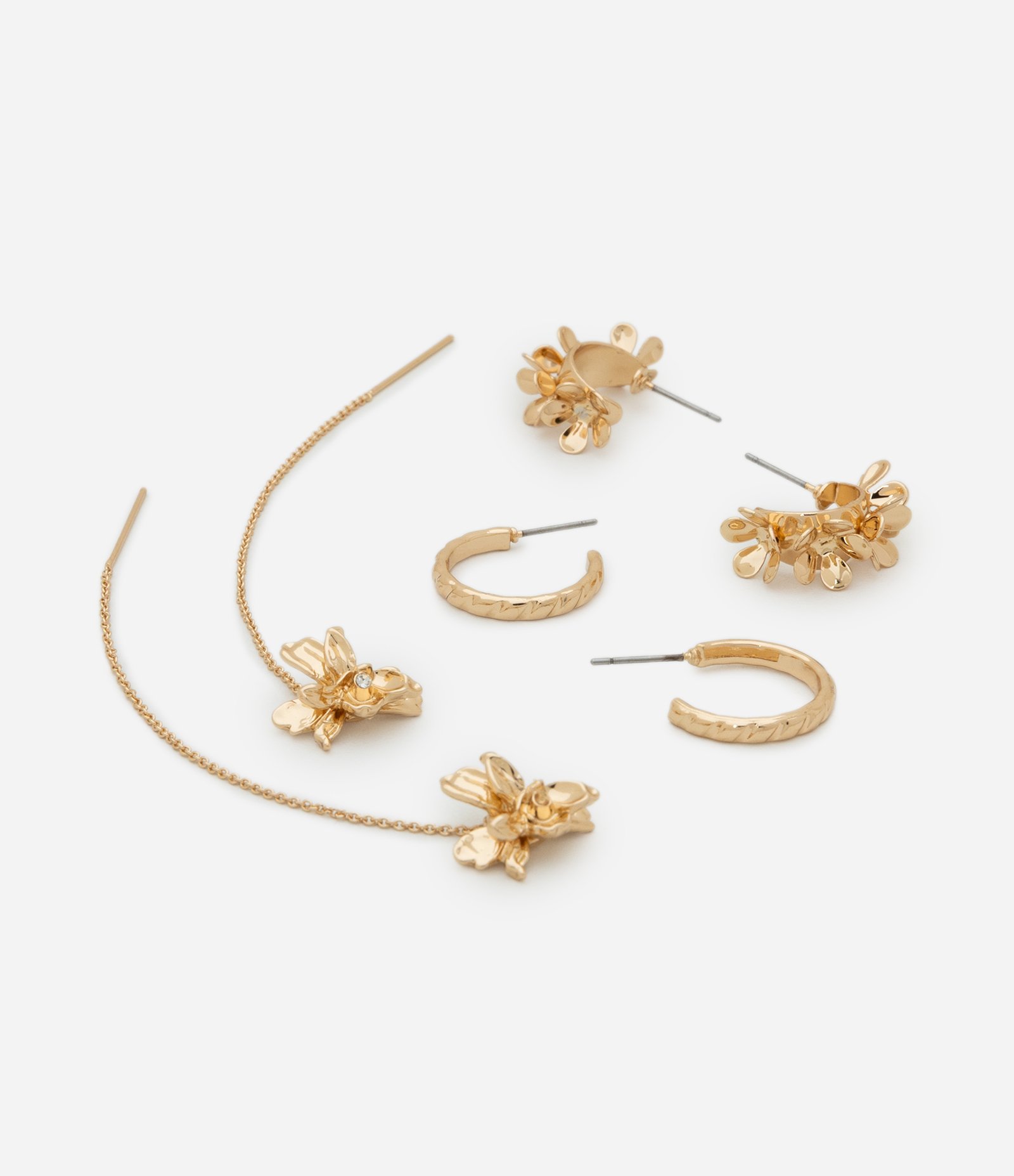 Kit 03 Brincos em Metal de Formatos Variados Dourado 2