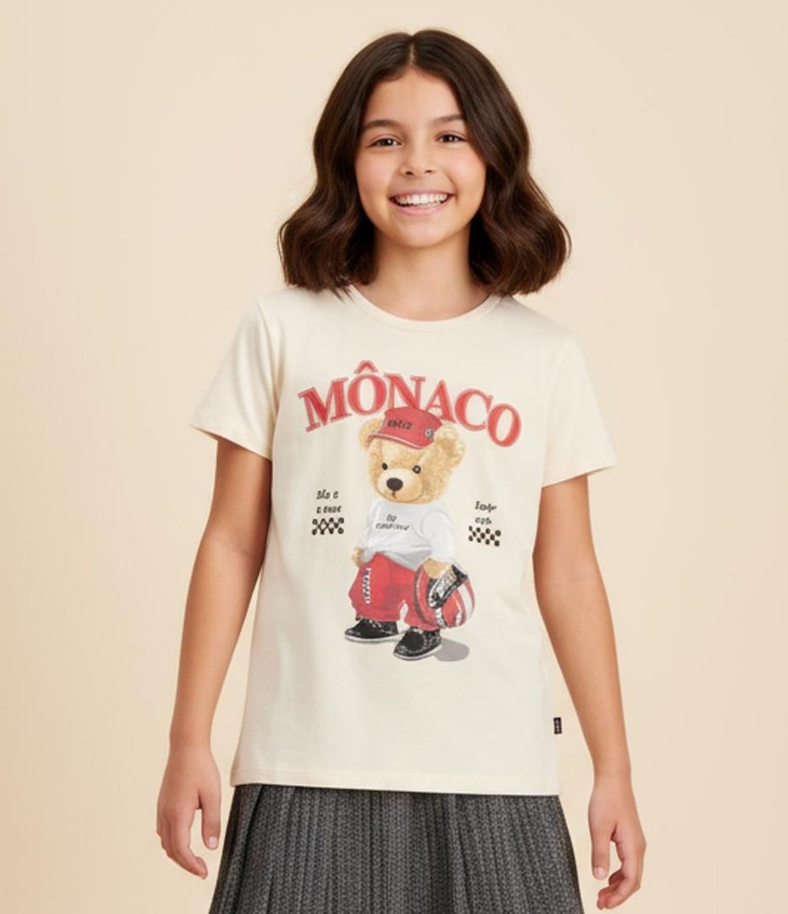 Camiseta Infantil com Estampa Ursinho Piloto - Tam 5 a 14 Anos Bege 1