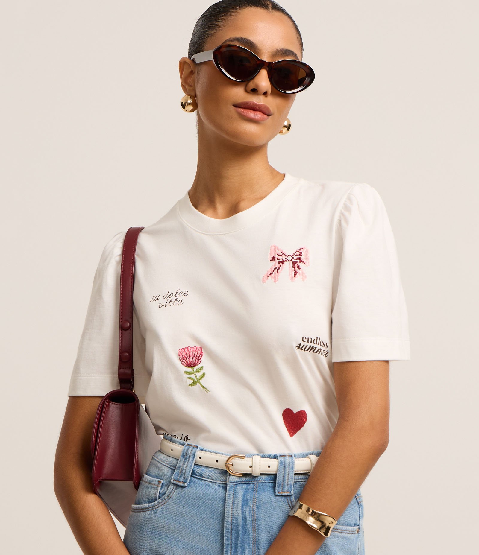 Blusa Slim em Algodão com Manga Bufante e Estampa Doodles Off White 1