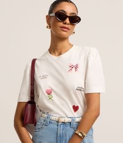 Blusa Slim em Algodão com Manga Bufante e Estampa Doodles