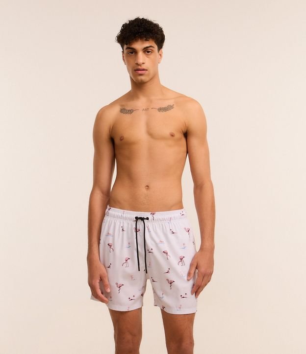 Bermuda de Banho em Microfibra com Estampa de Flamingos