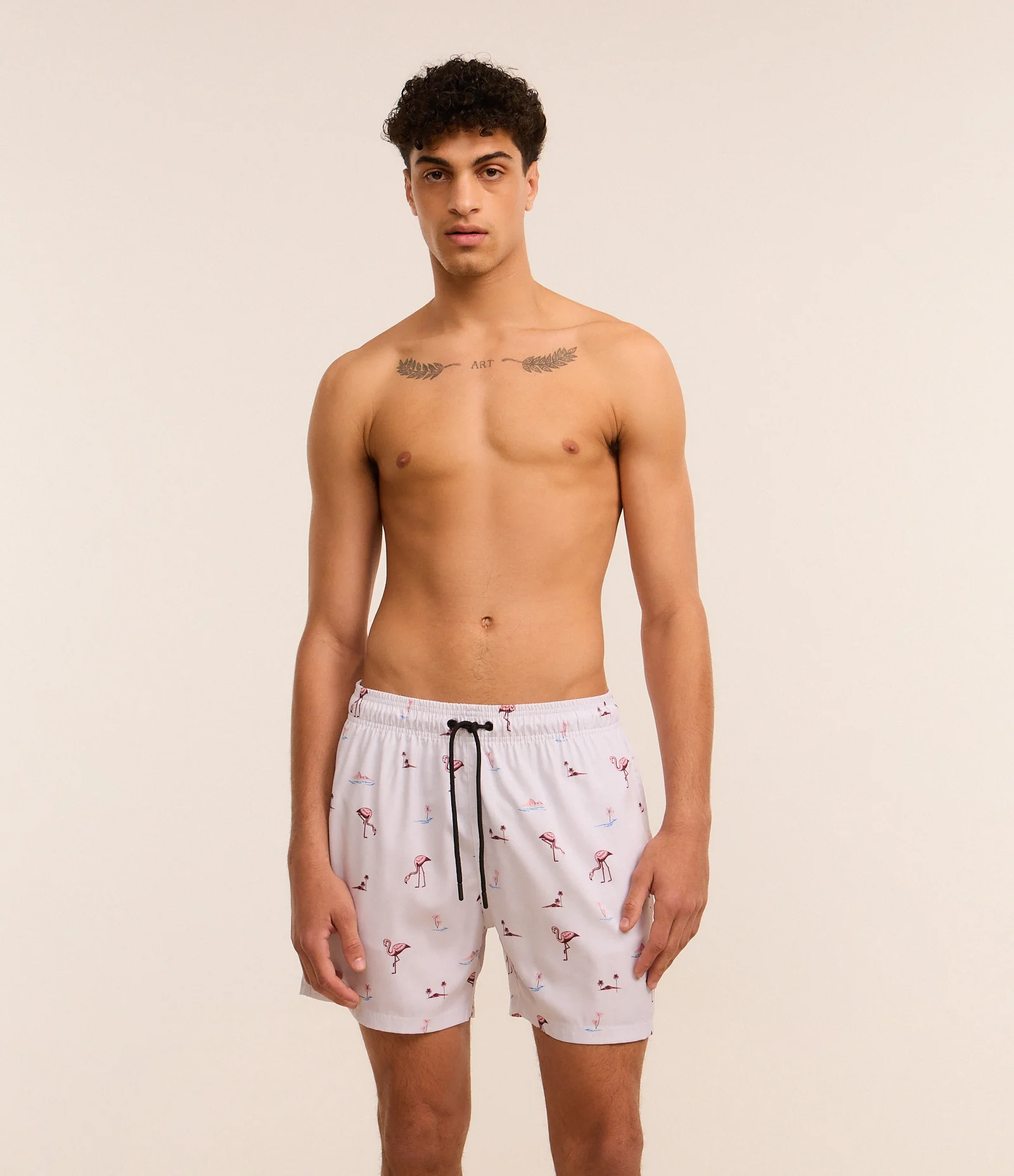 Bermuda de Banho em Microfibra com Estampa de Flamingos Branco 1