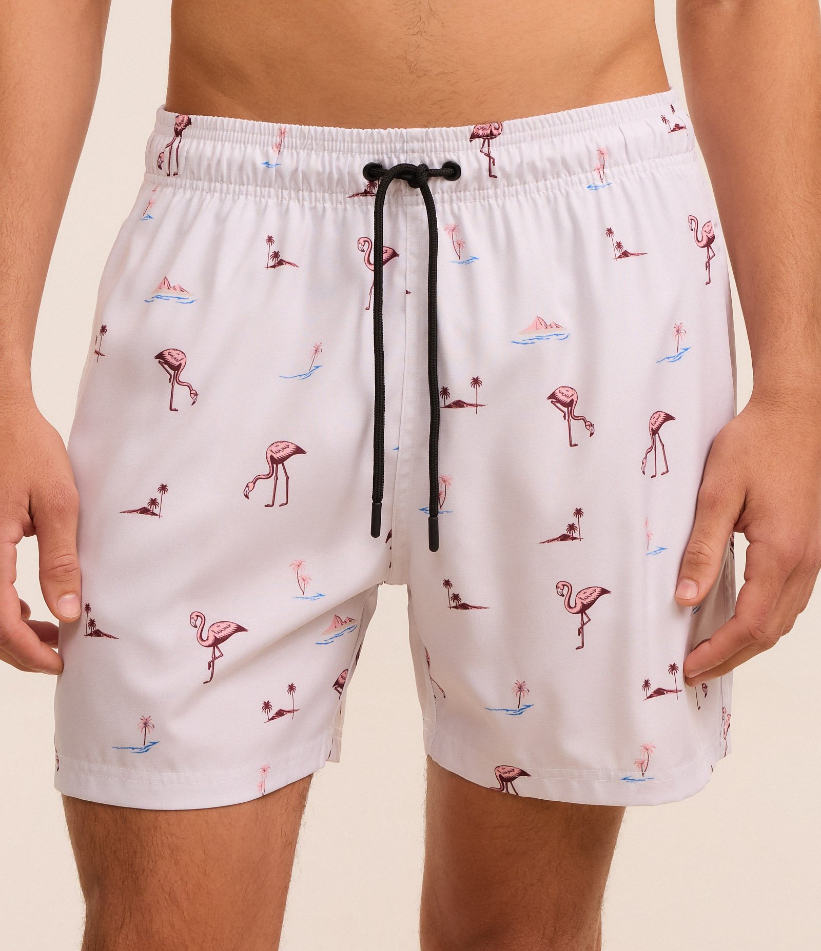 Bermuda de Banho em Microfibra com Estampa de Flamingos Branco 2