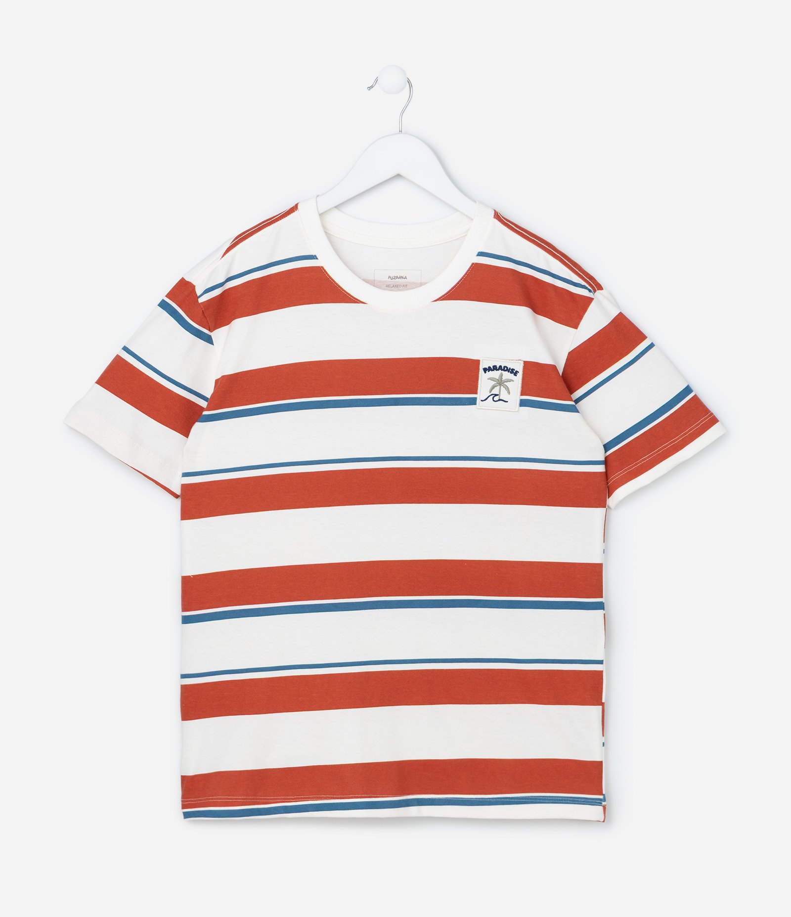 Camiseta Infantil com Estampa Listrada e Bordado - Tam 5 a 14 Anos Branco/Vermelho 1