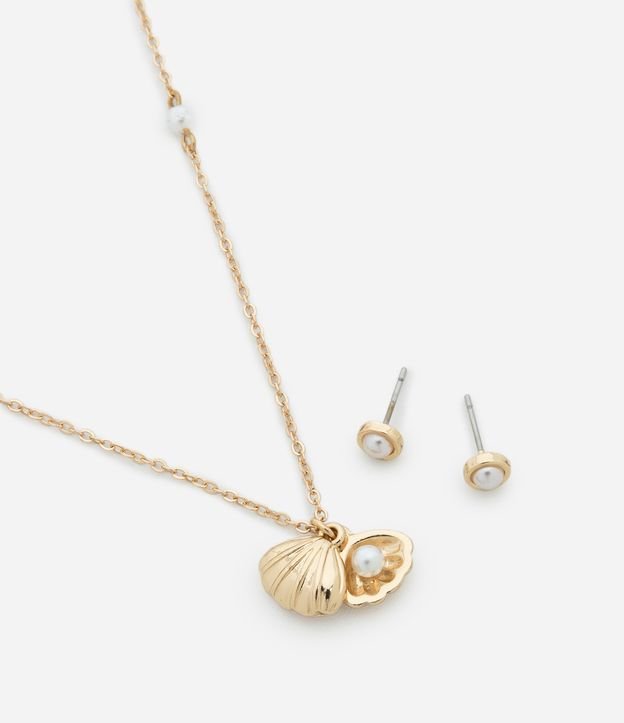 Conjunto de Colar Curto com Pingente de Concha com Pérola Artificial e Brinco Botão