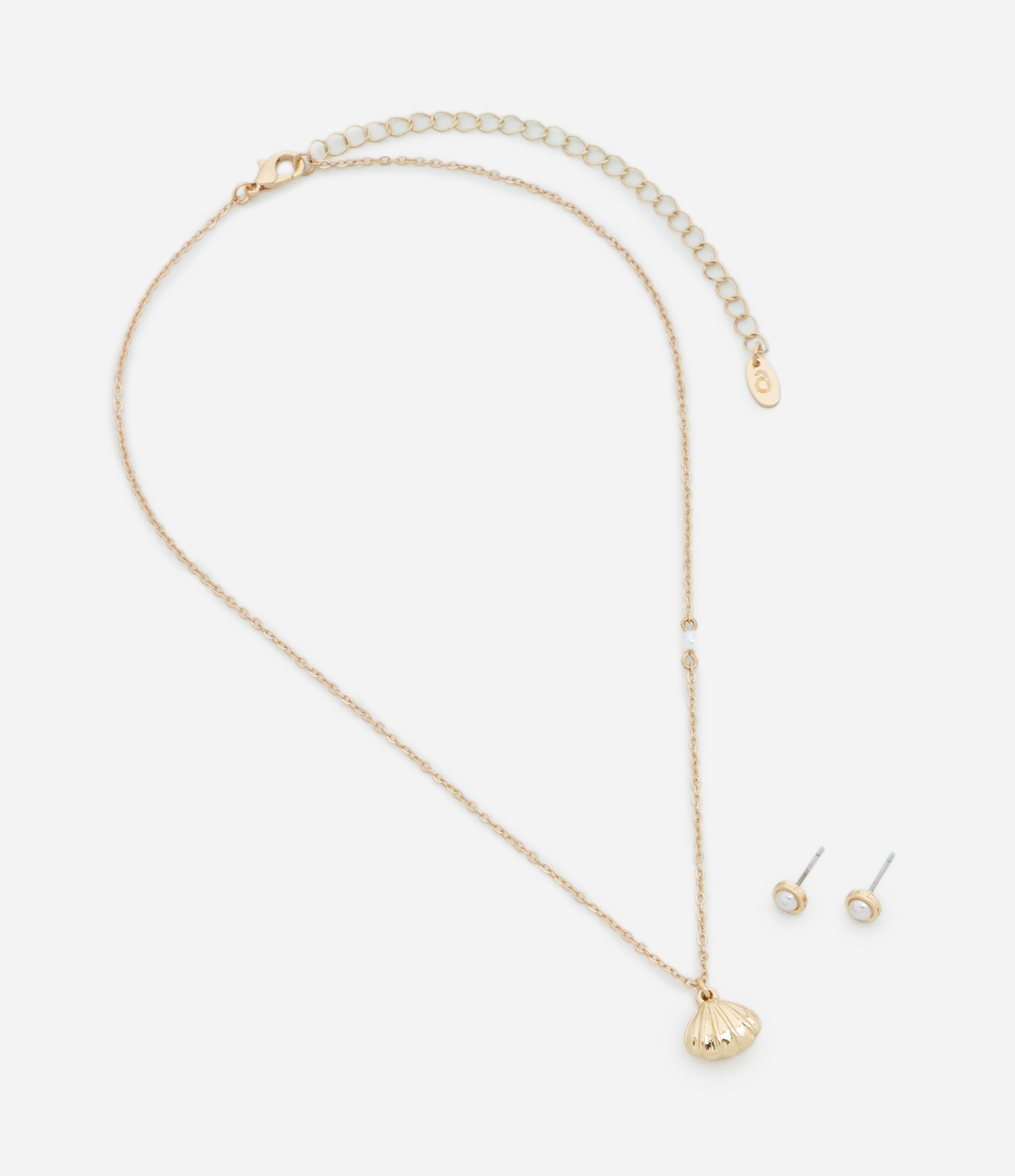 Conjunto de Colar Curto com Pingente de Concha com Pérola Artificial e Brinco Botão Dourado 3