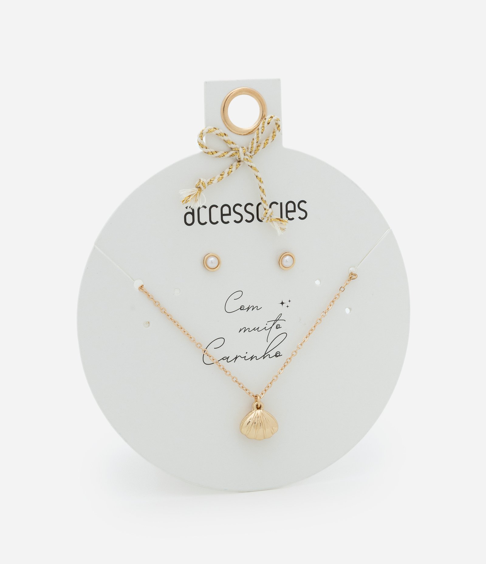 Conjunto de Colar Curto com Pingente de Concha com Pérola Artificial e Brinco Botão Dourado 1