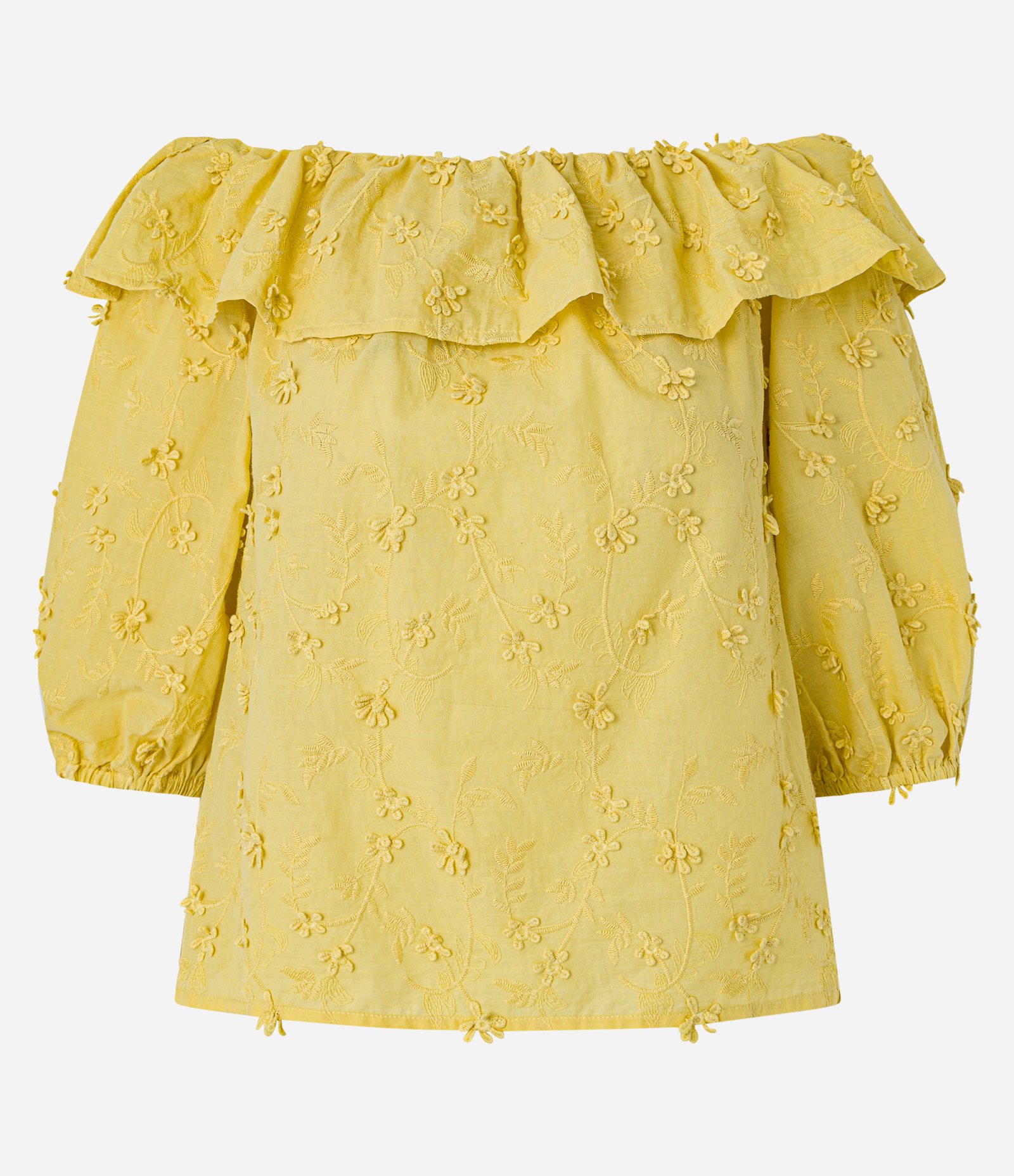 Blusa Ombro a Ombro com Babado e Bordado Floral Amarelo 1