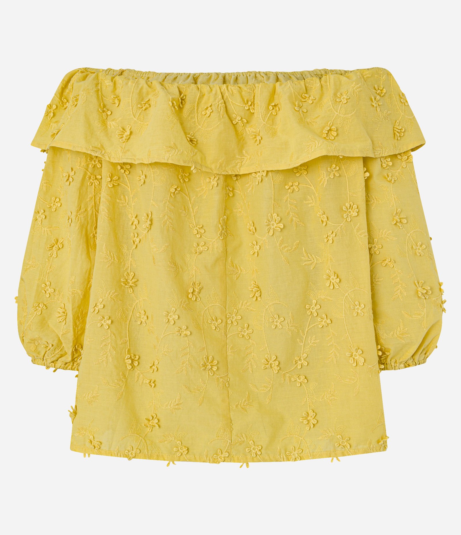 Blusa Ombro a Ombro com Babado e Bordado Floral Amarelo 3