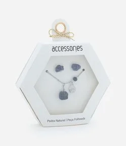 Conjunto de Colar Curto com Pingente e Brinco Botão  de Pedra Natural Folheado