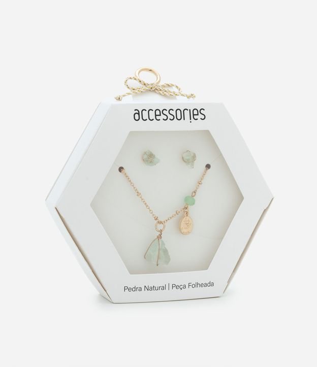 Conjunto de Colar Curto com Pingente e Brinco Botão  de Pedra Natural Folheado