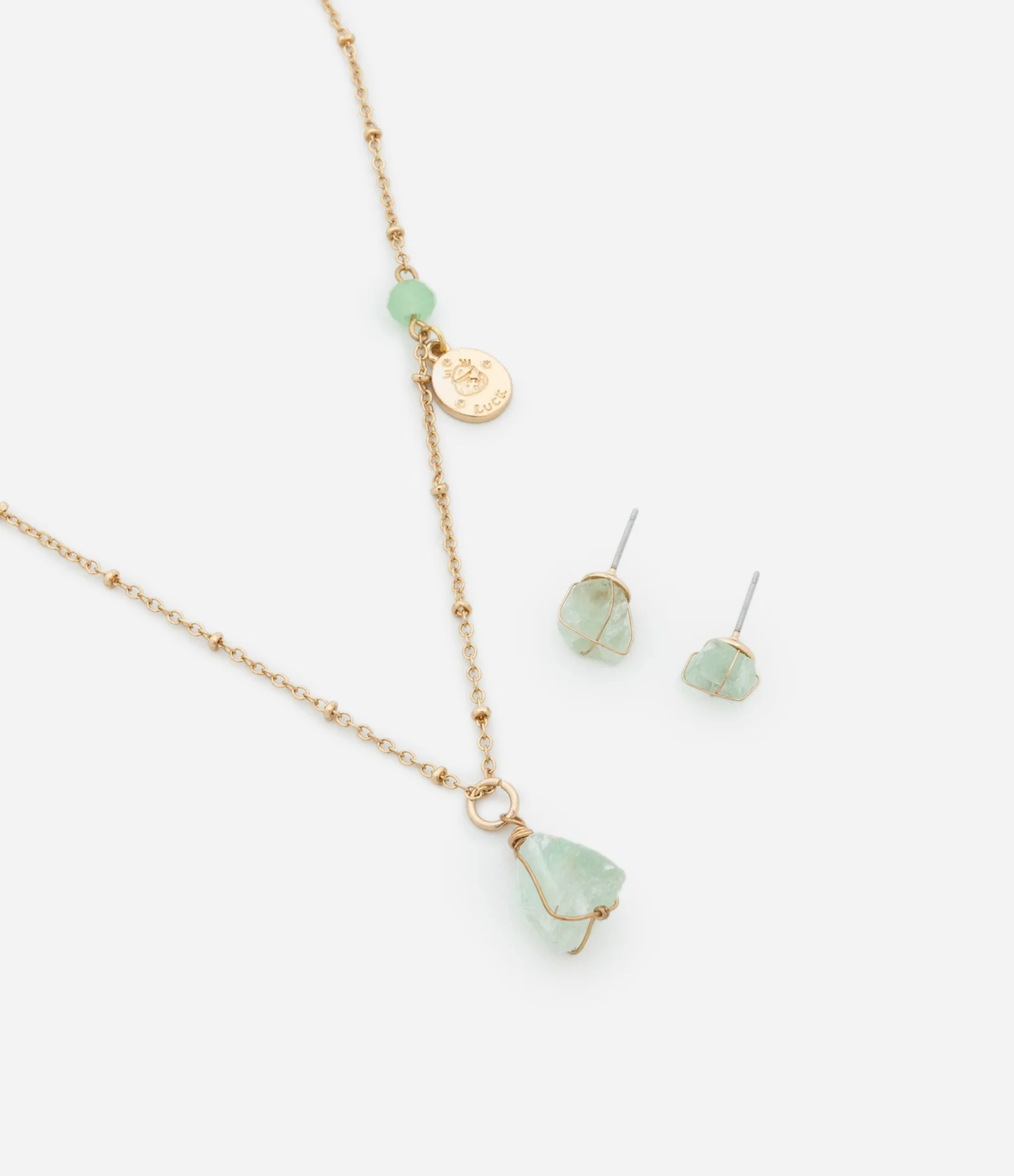 Conjunto de Colar Curto com Pingente e Brinco Botão  de Pedra Natural Folheado Dourado/Verde 2