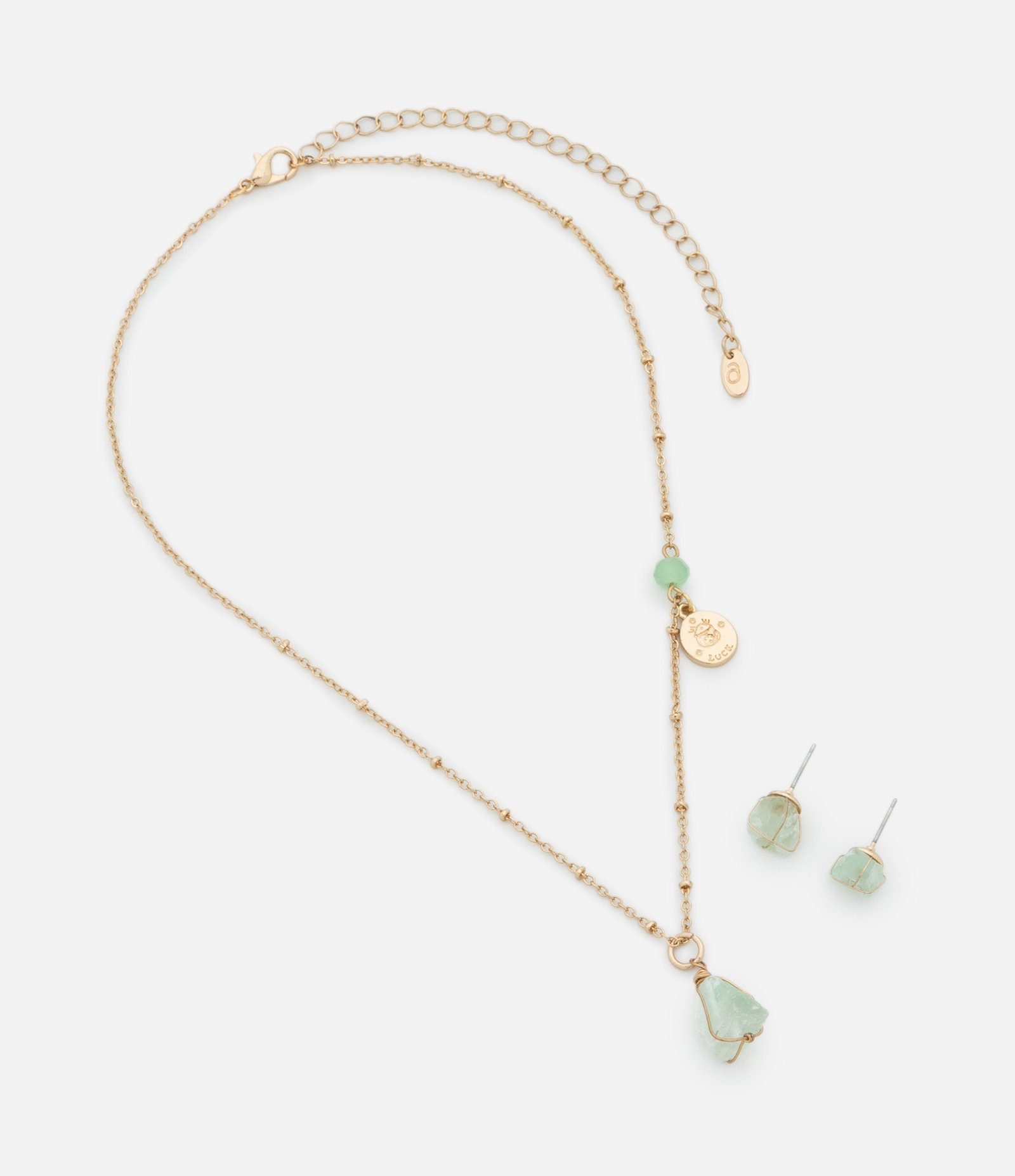 Conjunto de Colar Curto com Pingente e Brinco Botão  de Pedra Natural Folheado Dourado/Verde 3