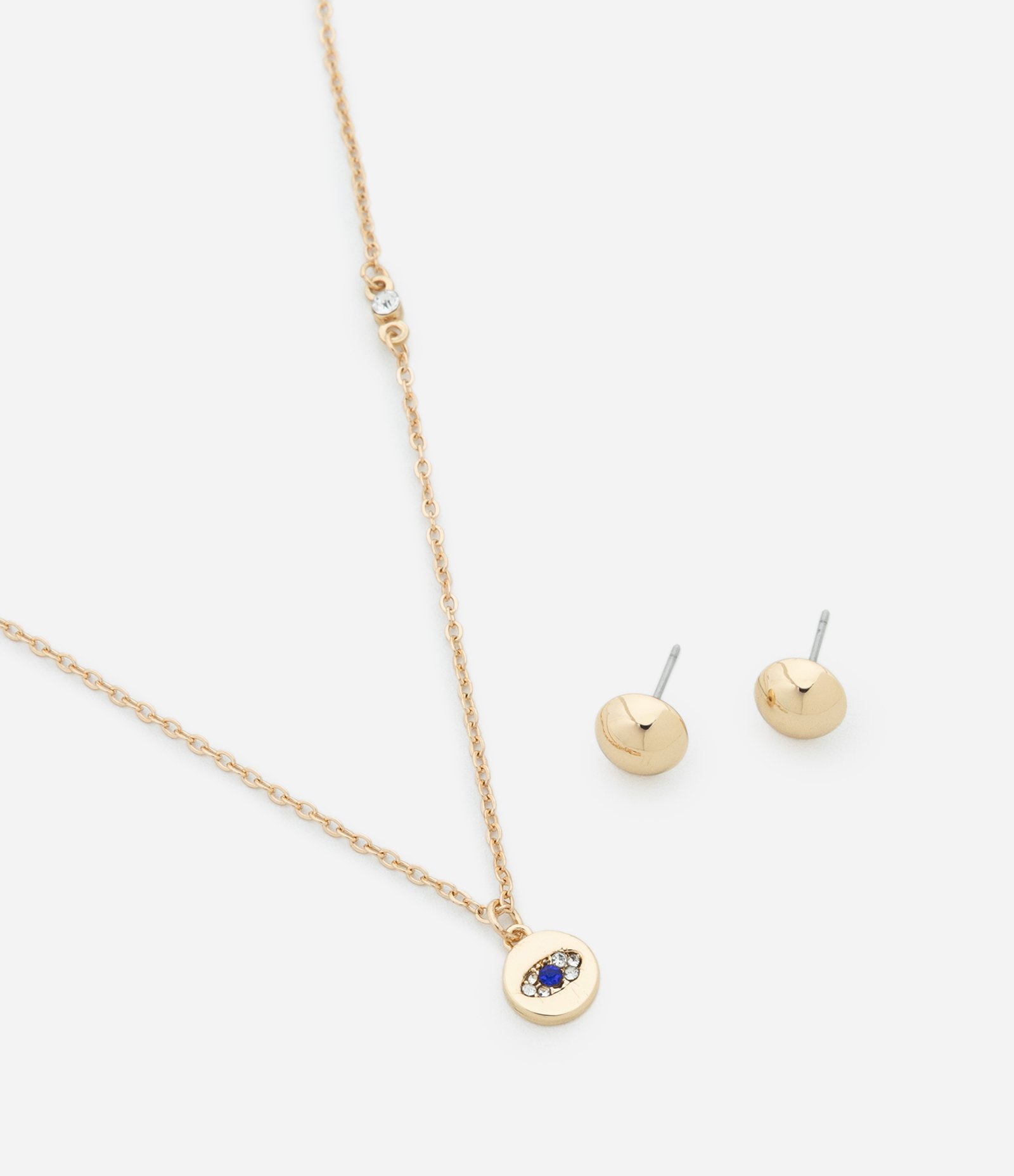 Conjunto de Colar Curto com Pingente de Olho com Strass e Brinco Botão Dourado 2