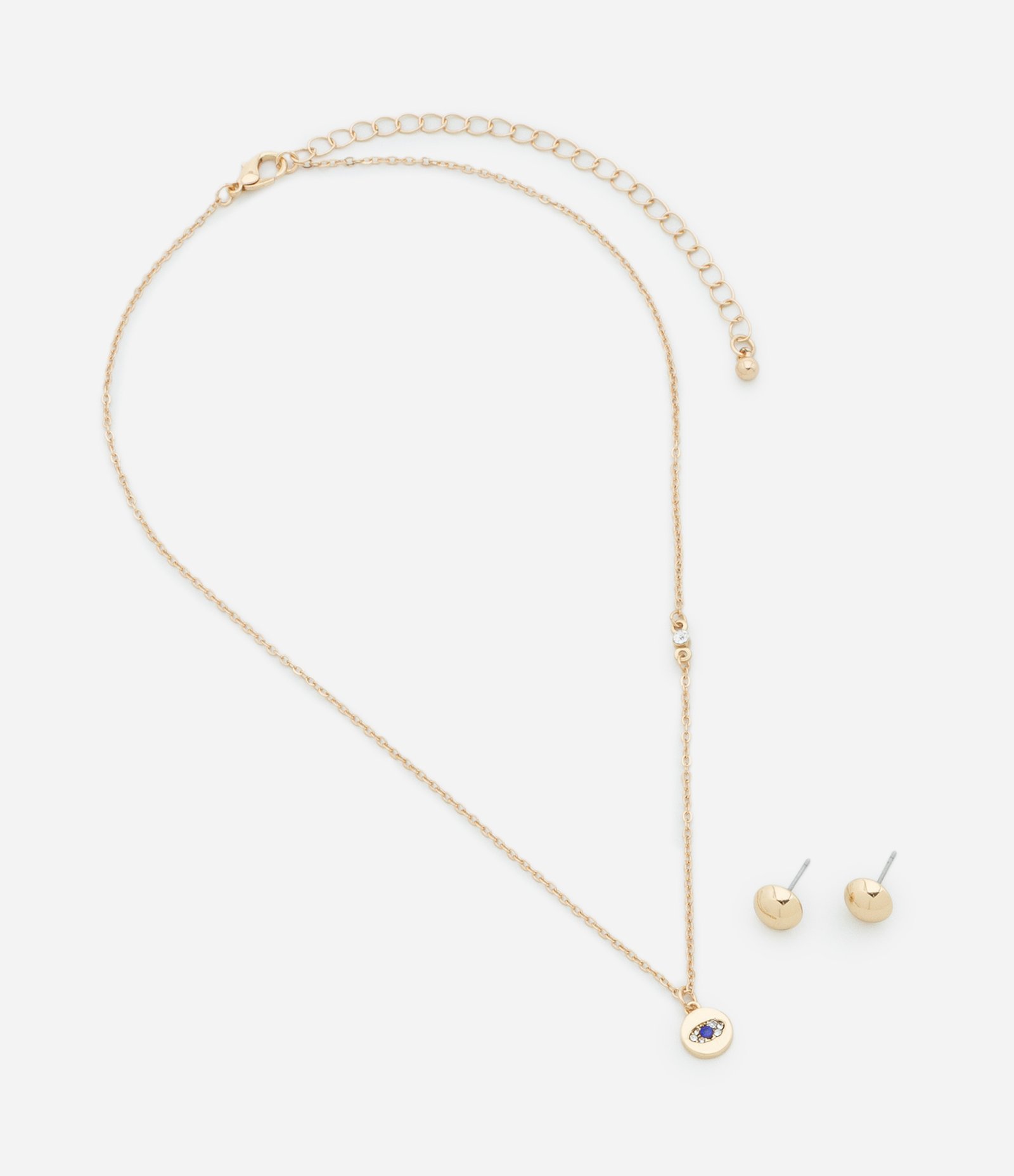 Conjunto de Colar Curto com Pingente de Olho com Strass e Brinco Botão Dourado 3