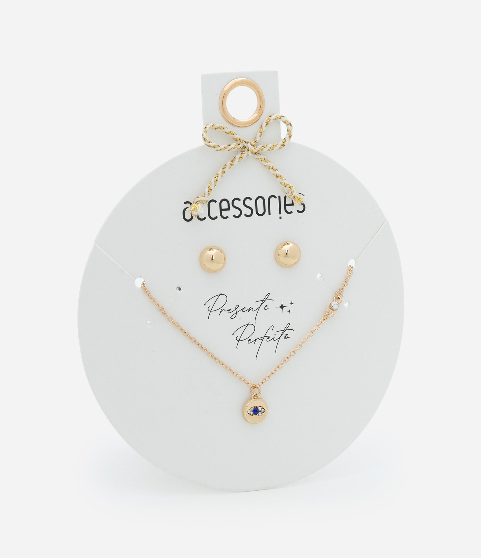 Conjunto de Colar Curto com Pingente de Olho com Strass e Brinco Botão Dourado 1