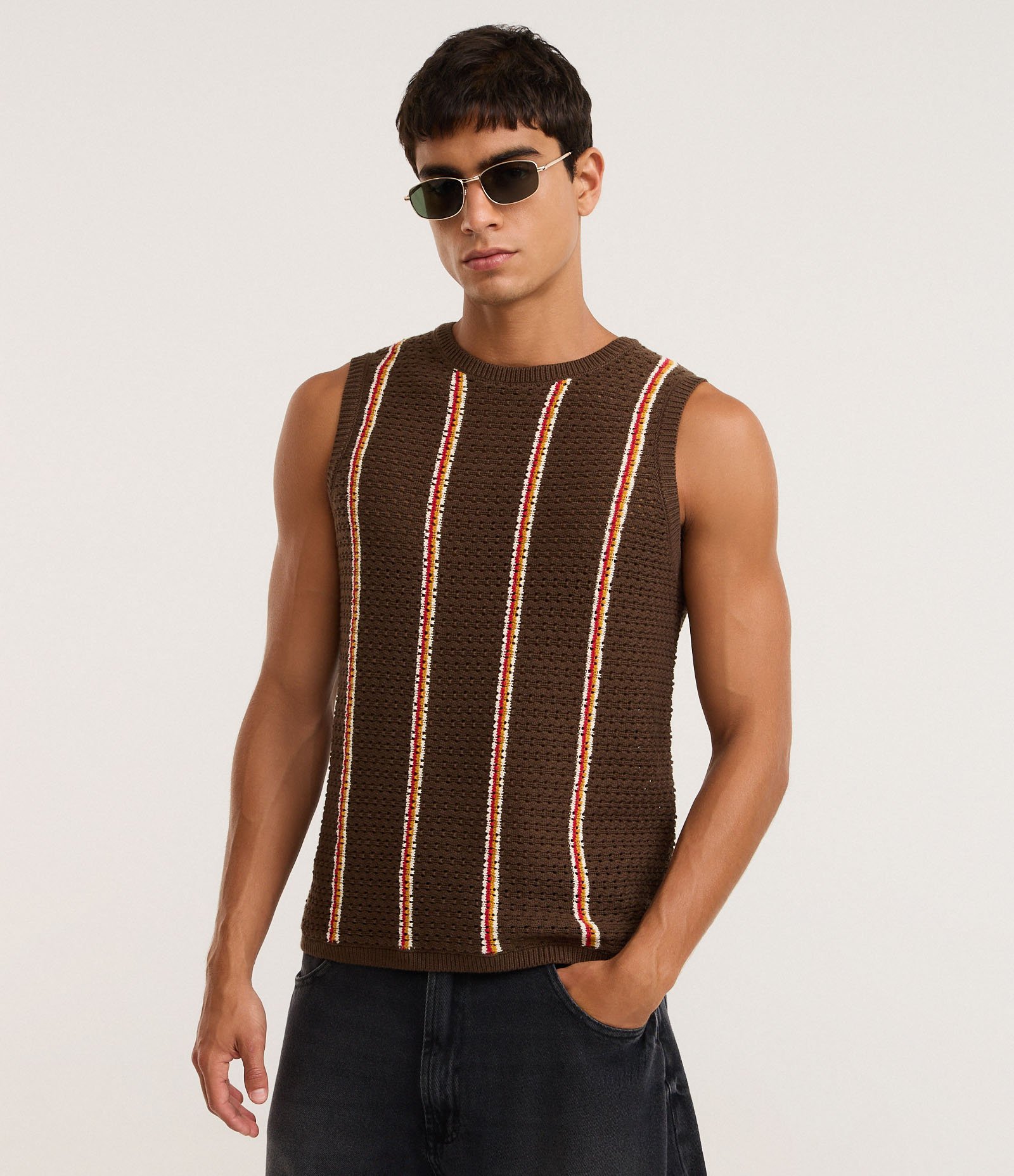 Regata em Tricô com Estampa Listrada Marrom 1