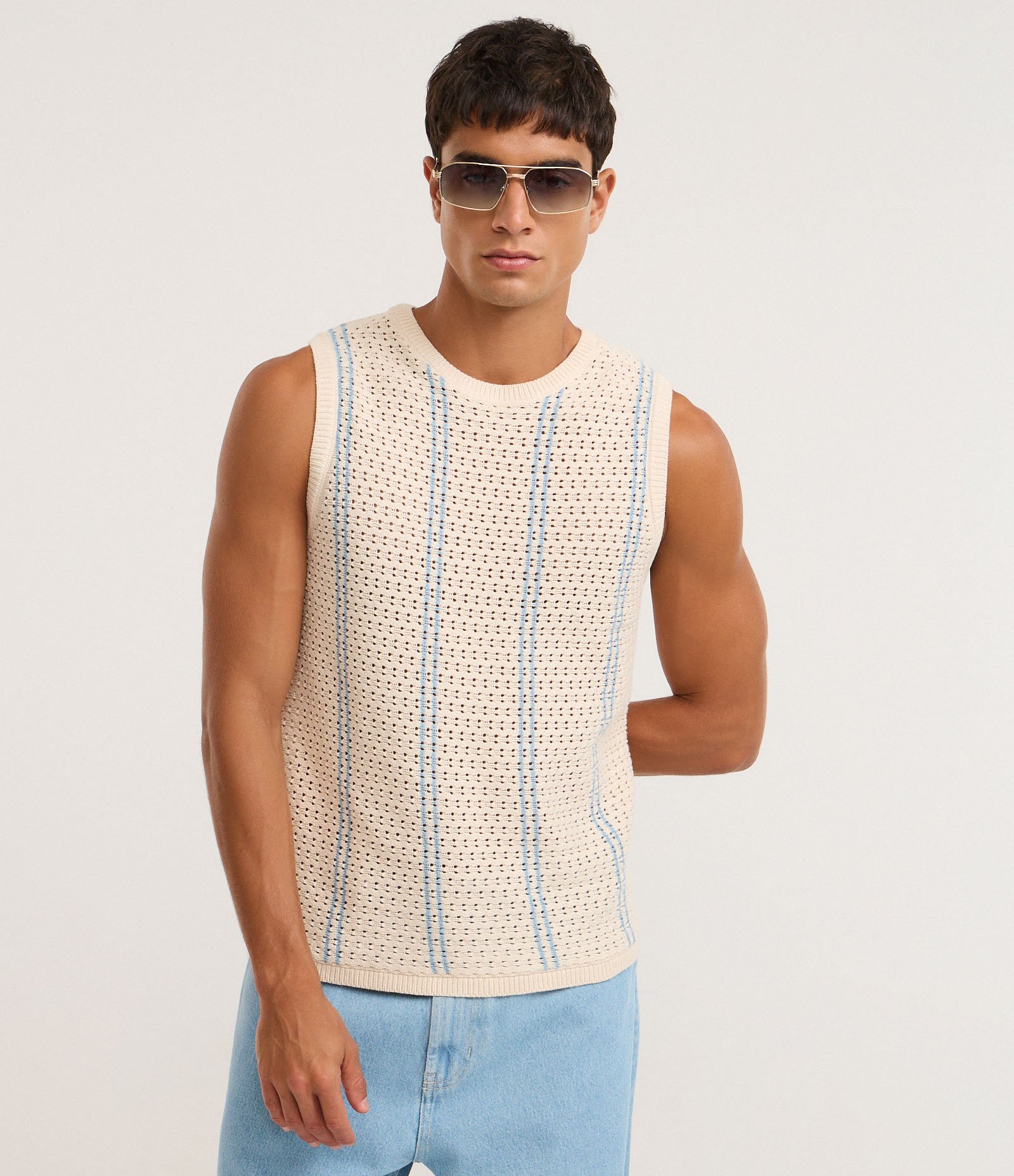 Regata em Tricô com Estampa Listrada Branco 1