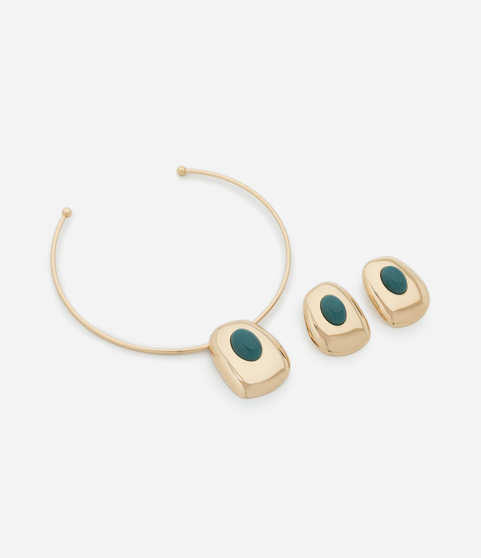 Conjunto de Colar e Brinco com Pedra em Resina Dourado 3