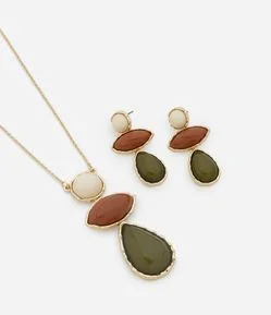 Conjunto de Colar Longo e Brinco com Pingentes de Resinas