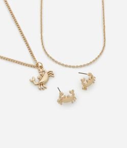 Conjunto de Colar Camada com Pingente de Caranguejo e Brinco Botão