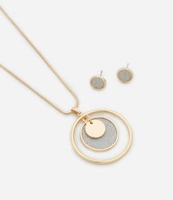 Conjunto de Colar Longo com Pingente Mandala Brilhoso e Brinco Mini Botão Brilhante