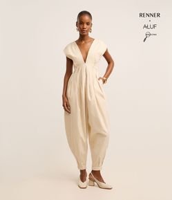 Macacão Listrado em Algodão com Decote V