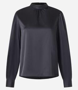 Blusa Acetinada com Gola Padre com Botão no Punho