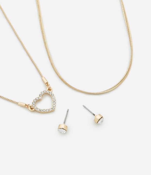 Conjunto de Colar Camadas com Coração Vazado e Strass com Brinco Ponto de Luz
