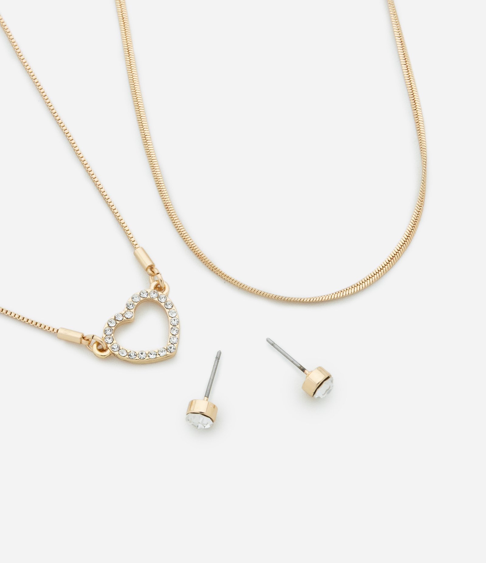 Conjunto de Colar Camadas com Coração Vazado e Strass com Brinco Ponto de Luz Dourado 1