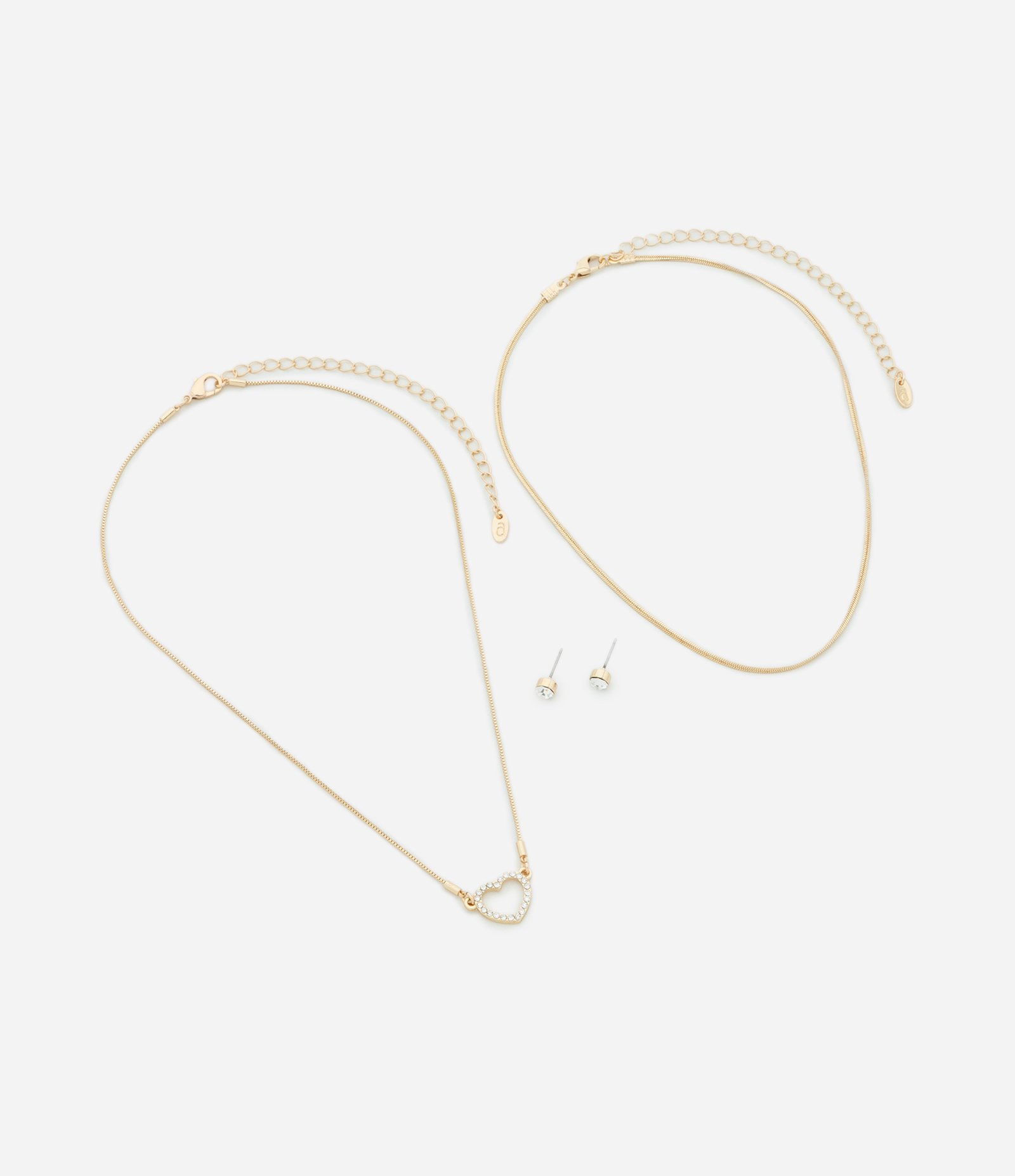 Conjunto de Colar Camadas com Coração Vazado e Strass com Brinco Ponto de Luz Dourado 2