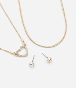 Conjunto de Colar Camadas com Coração Vazado e Strass com Brinco Ponto de Luz