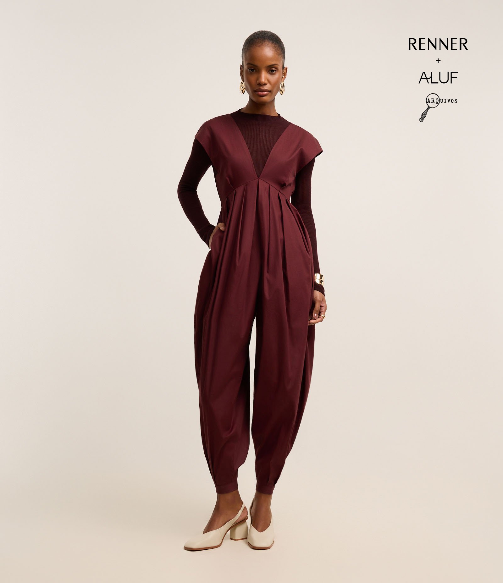 Macacão Longo em Tricoline com Bolsos Bordô 1