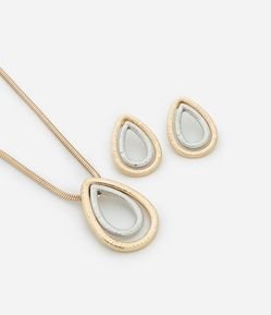 Conjunto de Colar Longo com Pingente Gota e Brincos Gota Bicolor