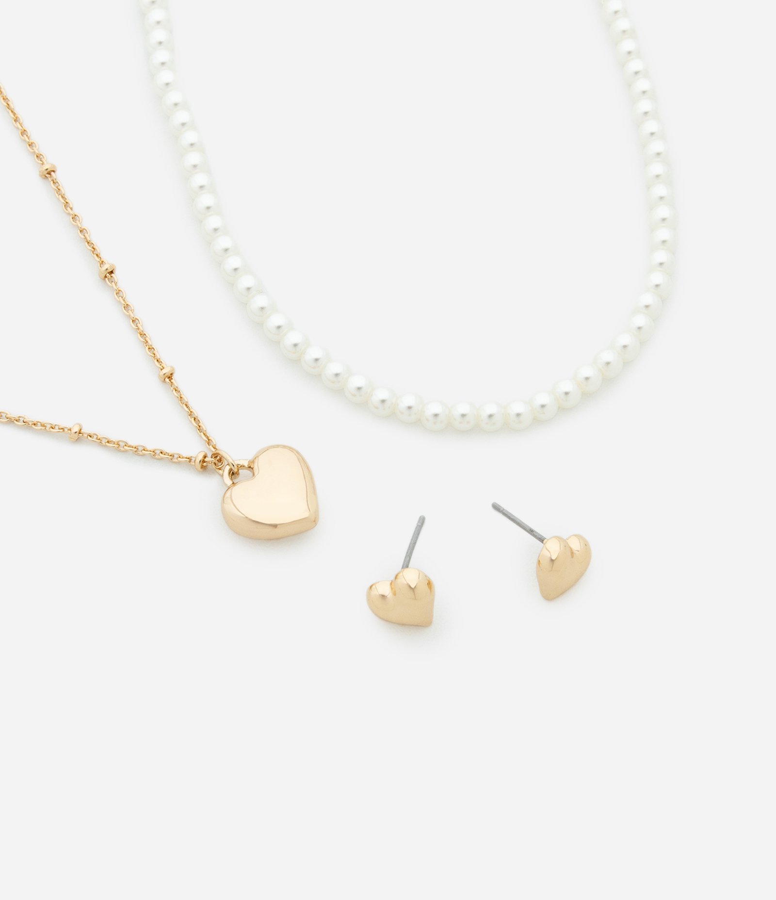 Conjunto de Colar Camadas com Pérola Artificial e Brinco Botão de Coração Dourado/Off White 1