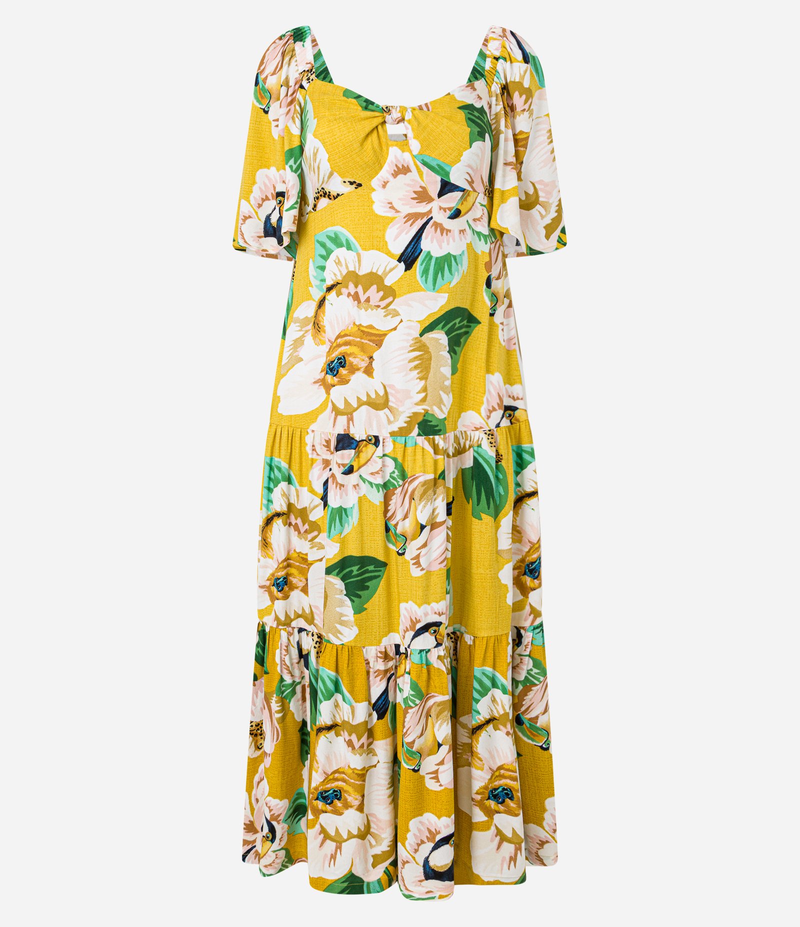 Vestido New Midi em Viscose com Estampa Tropical e Busto Torcido Amarelo 7