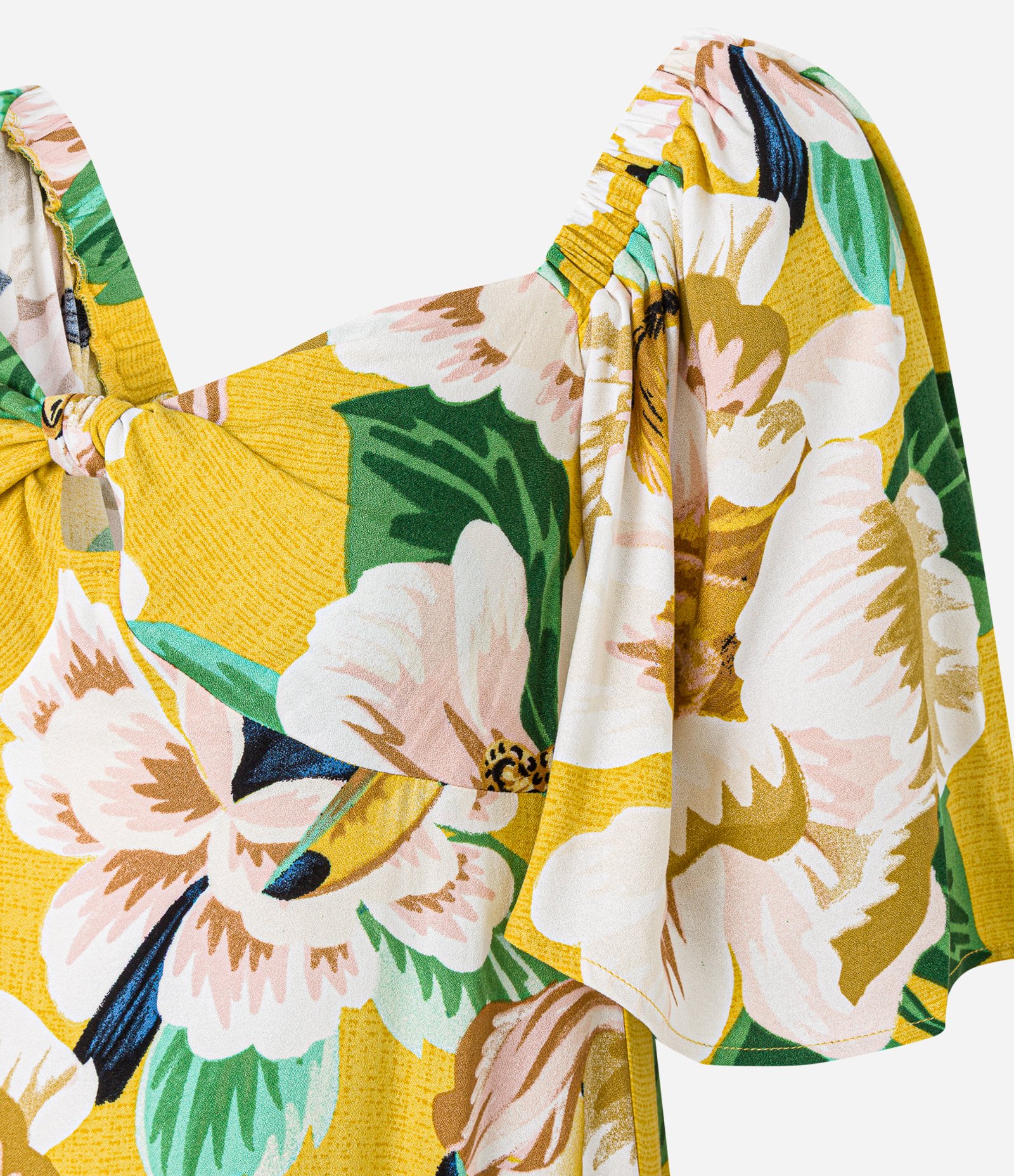 Vestido New Midi em Viscose com Estampa Tropical e Busto Torcido Amarelo 8
