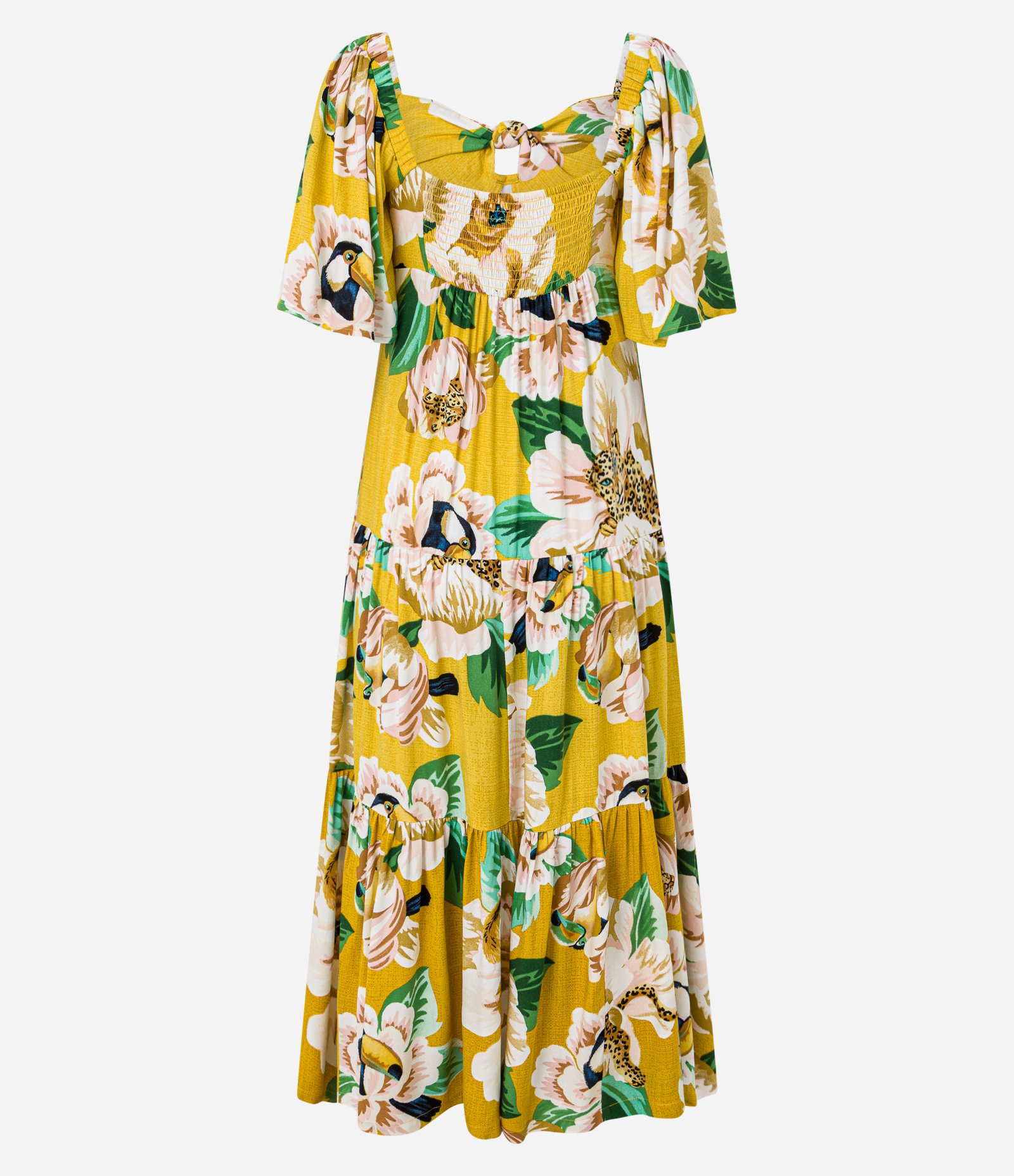 Vestido New Midi em Viscose com Estampa Tropical e Busto Torcido Amarelo 9