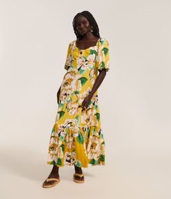 Vestido New Midi em Viscose com Estampa Tropical e Busto Torcido
