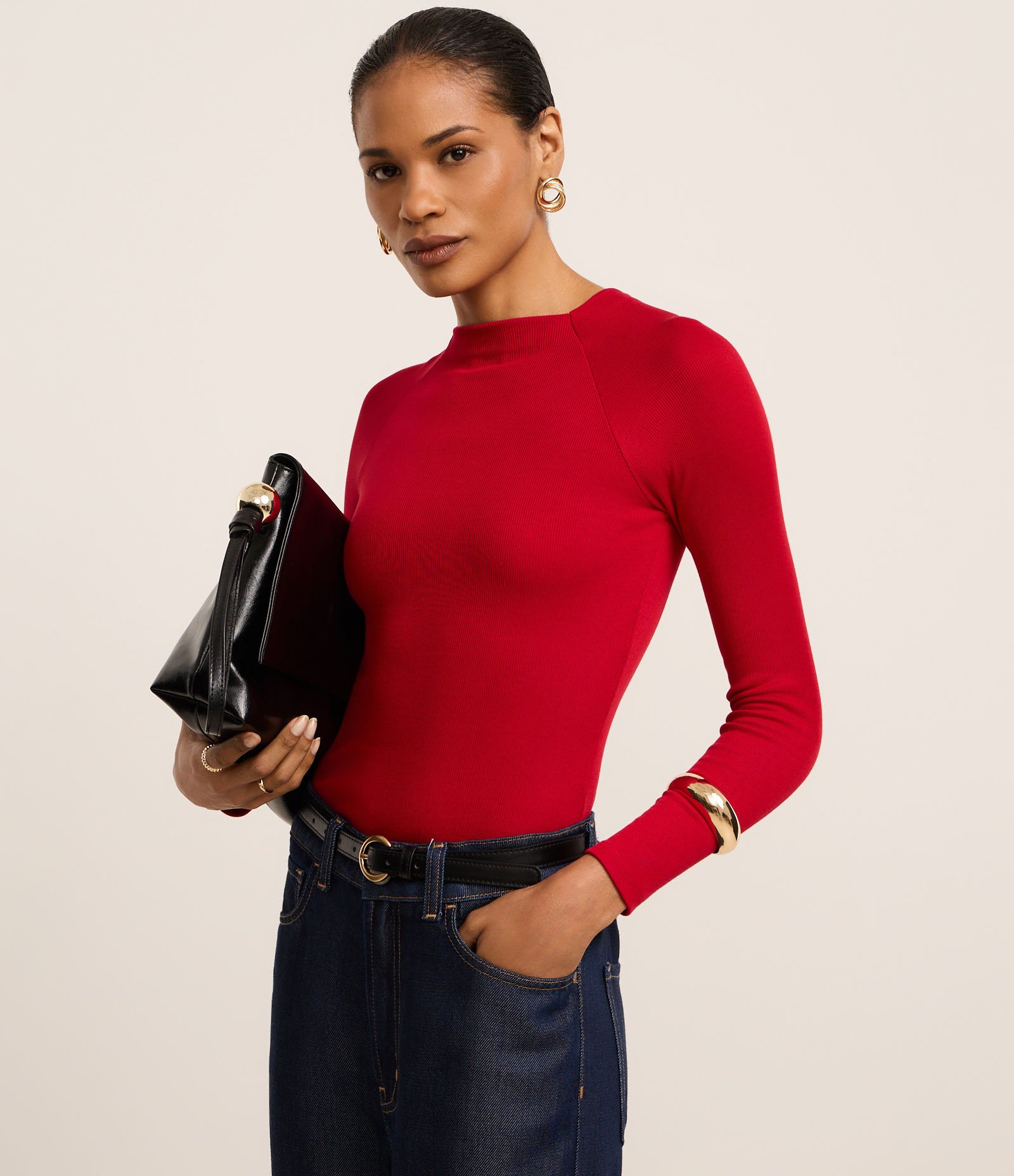 Blusa Básica em Viscose com Gola Alta e Cava Raglan Vermelho 1