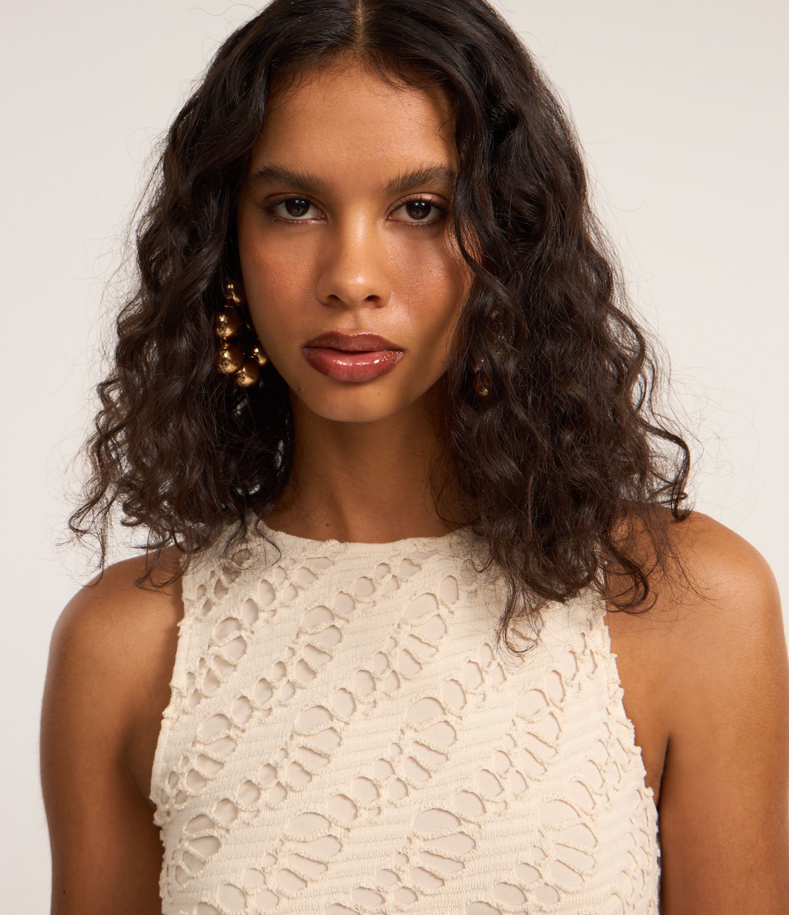 Vestido Midi sem Manga com Textura Bege 3